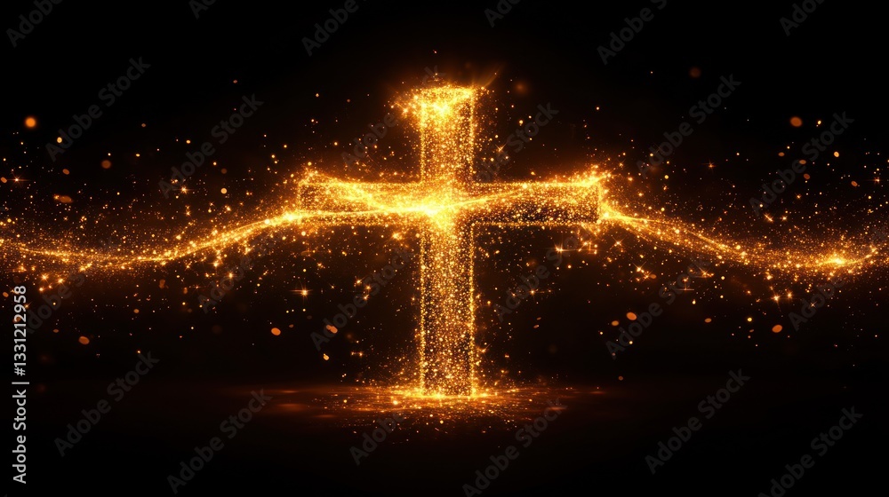Aufkleber glowing golden cross with particle effects on dark background.