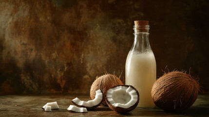 Coconut Milk in Glass Bottle on Rustic Surface