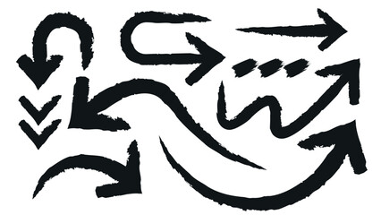 Set of various brush stroke arrows. Handdrawn arrow