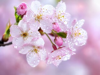 Obraz premium Beautiful Pink Cherry Blossoms Spring Flowers Dew Drops soft bloom water fresh