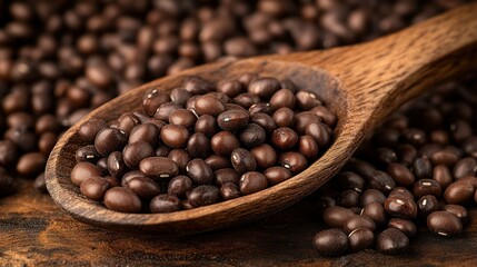 Fototapeta premium Dark brown beans in a wooden spoon