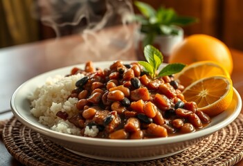 Fototapeta premium A steaming hot plate of Feijoada, served with rice, beans, and sliced oranges, set against a warm and cozy background