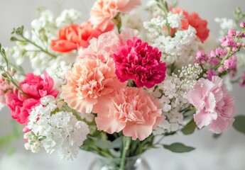 Beautiful bouquet of vibrant floral arrangements featuring pink, coral, and white carnations with delicate greenery, perfect for any occasion or decoration