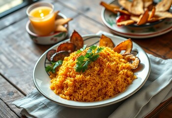 A steaming hot plate of Jollof Rice on a rustic wooden table