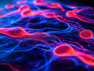 Close-Up of Night Sky with Red & Blue Glowing Threads – Intricate Vein-Like Patterns Resembling Living Cells, Mysterious & Deep Artistic Representation of Stars in Space