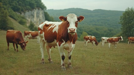 Fototapeta premium Cows grazing in a grassy valley, foothills background, suitable for agricultural or nature themes