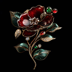 3D flower design with Red and green gemstones, gold leaves and diamonds