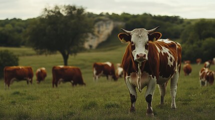 Cows grazing in a field, hills in background. Possible use Stock photo for agriculture, nature, or farm-related publications