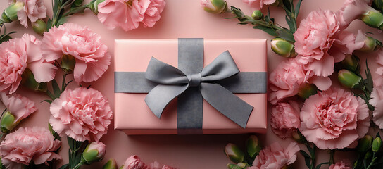 stylish gift box with carnation flowers and a grey ribbon on a pastel pink