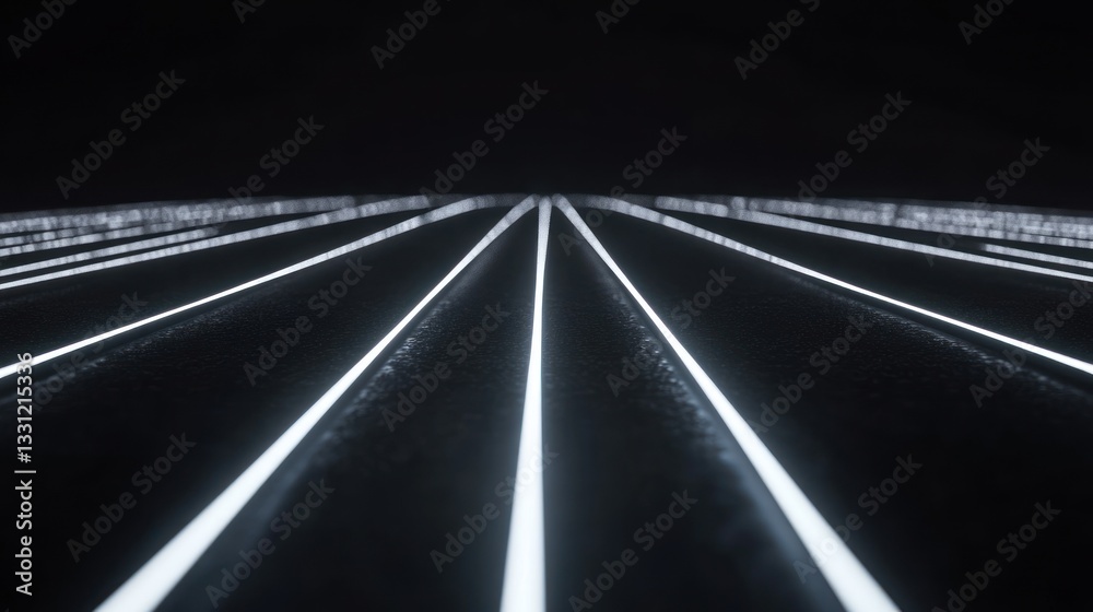 Poster glowing lines converge to vanishing point in dark space.
