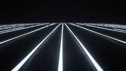 Fototapeta premium Glowing lines converge to vanishing point in dark space.