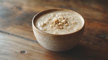 Banana walnut overnight oatmeal in a bowl on wood table