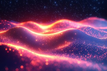 Big data visualization concept with digital lines and waves in retro colors on a dark blue backdrop, representing information technology.