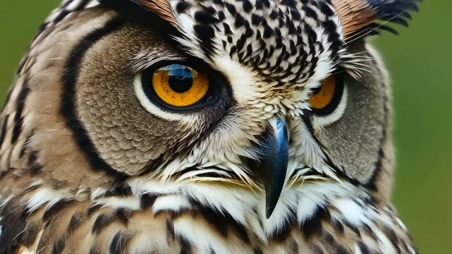 A captivating close-up of a European scops owl (Otus scops) as it slowly blinks, showcasing intricate feather textures, piercing eyes, and fine details of its facial features in stunning clarity.