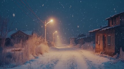 Snowy village street night scene