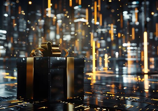 Elegant Black and Gold Gift Box with City Lights Bokeh Background - Festive Holiday Celebration