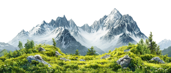 Scenic alpine view with greenery and mountains, isolated on transparent cutout background