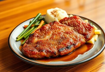 Sizzling Japanese-inspired beef cutlet on a plate with steamed vegetables and mashed potatoes