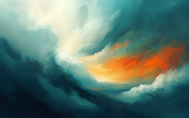 Abstract Teal Orange Sunset Sky Digital Painting Art image color style clouds