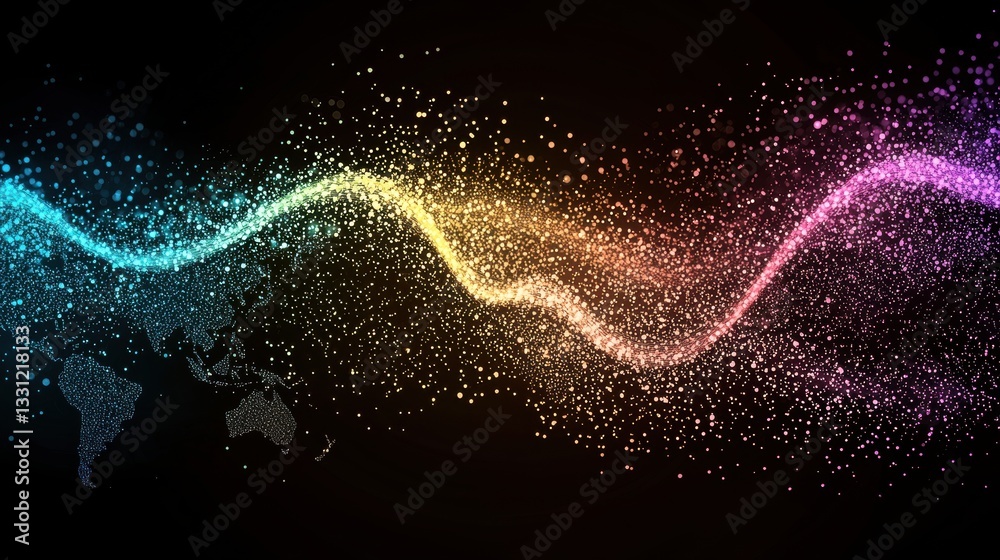 Poster technology and data visualization data streams flowing across a world map, visualized as colorful ri