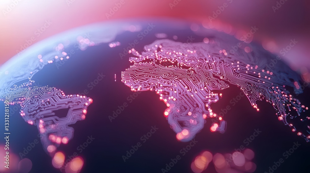 Poster technology and data visualization world map overlaid with a complex circuit board pattern, symbolizi