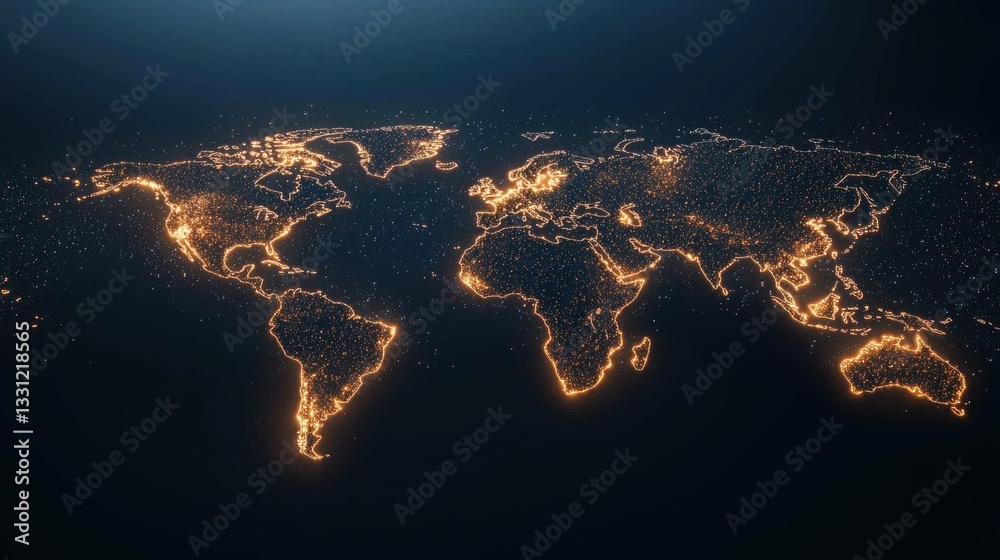Poster futuristic maps world map with dynamic particle effects and energy flows, visualizing global energy 