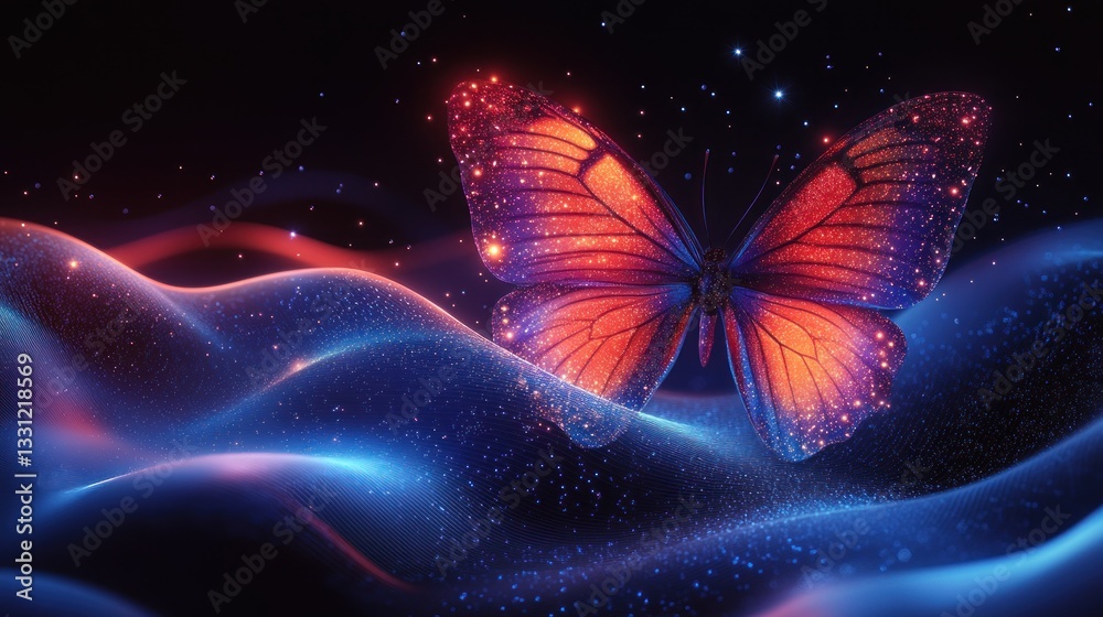 Aufkleber glowing orange butterfly on a dark blue, wave-like surface with sparkling particles.