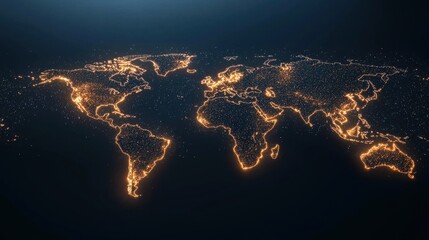 Futuristic Maps World map with dynamic particle effects and energy flows, visualizing global energy consumption, renewable energy sources, and the future of sustainable development.