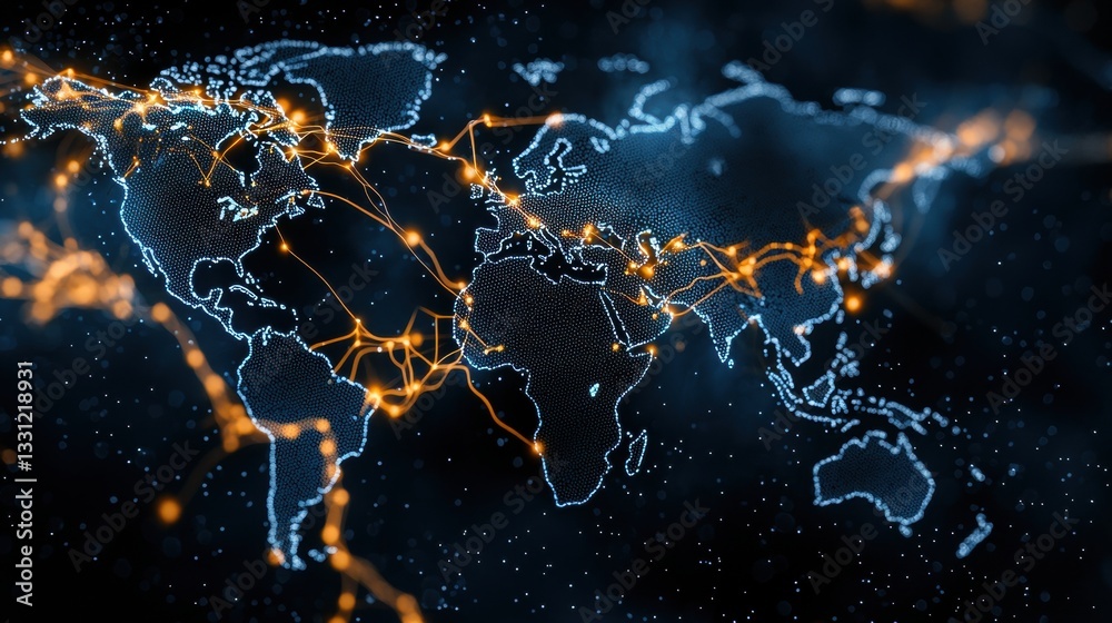 Poster artificial intelligence and machine learning world map with holographic projections of human brains 