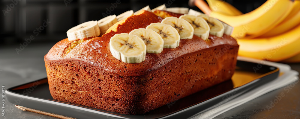 Poster classic banana cake loaf with golden crust is topped with fresh banana slices, creating delicious an
