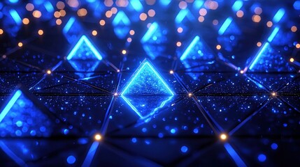 Luminous blue triangle pattern on dark surface, gold bokeh dot highlights