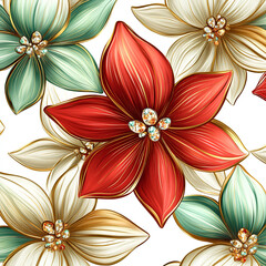 A seamless pattern featuring red, neon gold, and flowers