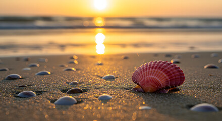 A close-up of a vibrant pink seashell resting among scattered seashells on a sandy beach at sunset. The warm golden light reflects off the wet sand, creating a soft bokeh effect with the blurred ocean
