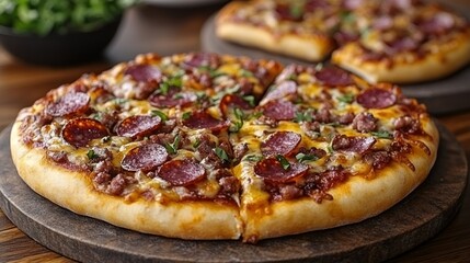 Delicious pizza with pepperoni and ground meat