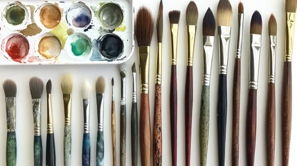 Fototapeta premium Assorted paintbrushes and watercolor paints arranged on a white surface.