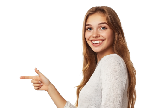 Happy young woman pointing aside, isolated on transparent cutout background