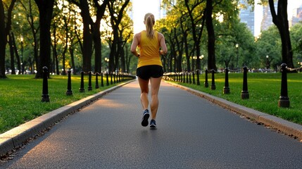 Energetic jogging session in central park new york lifestyle photography urban environment back view health concept