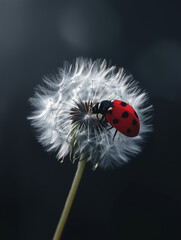 A ladybug sits on a dandelion in bright light, creating a magical contrast on a dark background