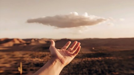 Hand reaching for cloud in desert landscape &ndash; Ideal for dreams, aspirations, or personal growth content.
