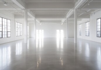 Spacious, bright, white interior with polished concrete floor and large windows.