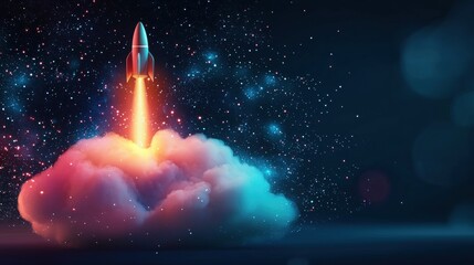 Fototapeta premium Cloud with Innovation and Creativity Rocket launching from a cloud icon, representing the rapid growth and transformative potential of cloud technology.