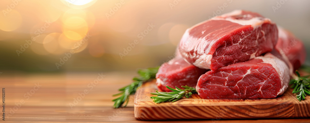 Poster Fresh raw meat cuts on wooden board with rosemary, creating minimal and appetizing presentation. warm lighting enhances texture and color of meat, making it visually appealing