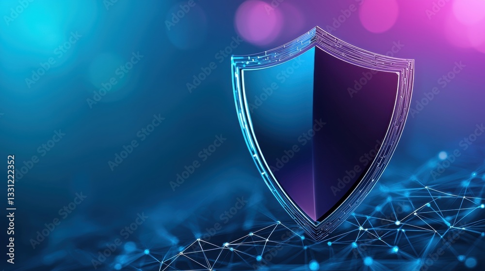 Poster cybersecurity shields holographic shield icon rotating in a digital environment, representing advanc
