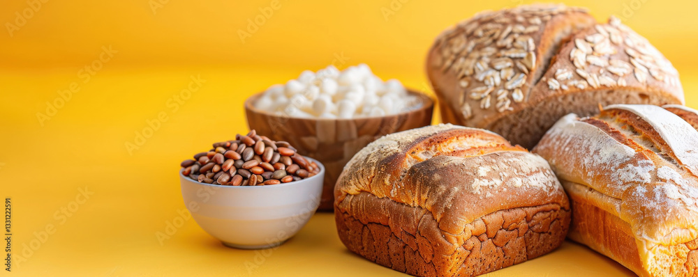 Poster freshly baked whole grain bread and cereal bowls on vibrant yellow background create warm and inviti