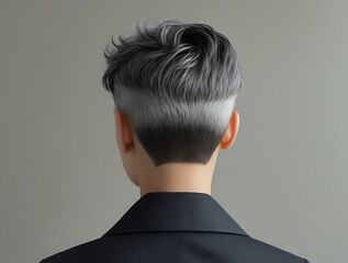 Short gray pixie haircut on a stylish woman wearing a black jacket, captured from the back, showcasing modern hair trends and professional hairstyle inspiration

