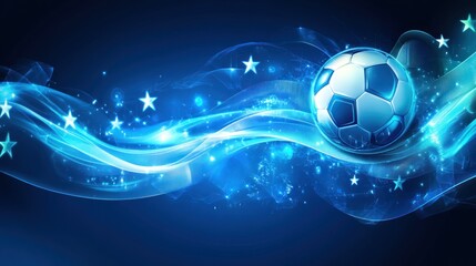 Naklejka premium Glowing soccer ball with blue wave and stars.