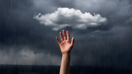 Hand reaching upwards to touch a cloud in a rainstorm with dark sky &ndash; Perfect for concept-driven visuals, emotional storytelling, or climate-related content.