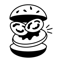 A doodle style icon of large burger with petty and tomatoes 
