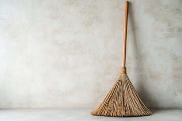 A Broom Leaning Against a Textured Neutral Colored Wall