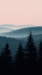 Obraz premium Misty mountain layers with evergreen trees under a soft pastel sky
